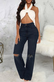 hulianfu - Dark Blue Casual Solid Ripped Patchwork High Waist Denim Jeans