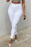 hulianfu - White Casual Solid Patchwork High Waist Skinny Denim Jeans