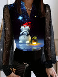 Elegant V-Neck Christmas Lantern Sleeve T-Shirt with Contrast Mesh Detail, Polyester Blend with Slight Stretch, Knit Fabric Regular Fit Pullover - Festive Snowman and Lantern Print