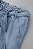 hulianfu - Light Blue Casual Solid Bandage Patchwork High Waist Straight Denim Jeans