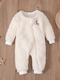Toddler Baby's Cute Elk Graphic Long Sleeve Christmas Onesie, Zipper Round Neck Fleece Warm Jumpsuit, Kids Autumn And Winter Outdoor Clothes