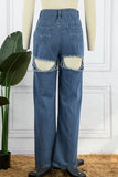 hulianfu - Blue Casual Solid Ripped High Waist Regular Denim Jeans