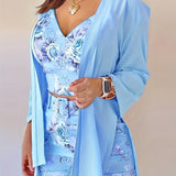 Three-Piece Elegant Outfit Set - V-Neck Crop Top, Solid Open Front Split Cardigan, and Belted Floral Print Shorts - Polyester Knit Fabric, Micro Elasticity, Random Printing, Middle East Style, All Seasons Wear