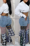hulianfu - Black Street Plaid Print Patchwork High Waist Denim Jeans