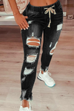 hulianfu - Grey Casual Patchwork Ripped High Waist Skinny Denim