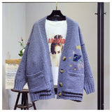 AZYT Women Autumn Winter Knitted Cardigan Cartoon Embroidery Oversize Sweater Coat Harajuku Loose Elegant V Neck Women Cardigans
