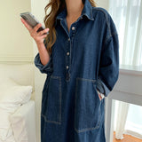 hulianfu Women's Autumn Long Sleeve Denim Shirt Dress Za Button Pocket Jeans Maxi Vestidos Casual Loose Femme Streetwear Cowboy Midi Robe