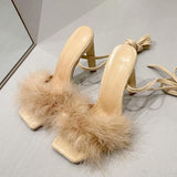 hulianfu Summer Green Shoes Sandals Fashion Furry Cross-Tied Women Pumps  Sexy Lace-up Party Dress Ladies 11CM Strange High Heels