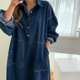 hulianfu Women's Autumn Long Sleeve Denim Shirt Dress Za Button Pocket Jeans Maxi Vestidos Casual Loose Femme Streetwear Cowboy Midi Robe