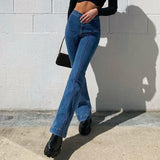 hulianfu Spring Autumn Sexy High Rise Straight Panelled Denim Jeans Wide Leg Streetwear Casual Dark Blue Women's Long Skinny Pants