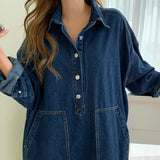 hulianfu Women's Autumn Long Sleeve Denim Shirt Dress Za Button Pocket Jeans Maxi Vestidos Casual Loose Femme Streetwear Cowboy Midi Robe