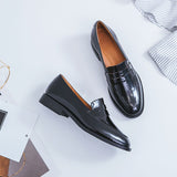 hulianfu ladies Leather shoes British style plus size 22-26.5cm women pumps loafers lazy shoes womens platform heels black shoes