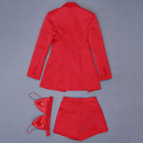 High Quality Red Satin Three Pieces Bandage Suit Sexy Long Sleeves Celebrity Fashion Party Club Blazer Coat Crop Tops Short Set