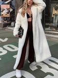 hulianfu Winter Long White Fluffy Warm Oversized Faux Fur Coat Women with Hood Lapel Sashes Loose Korean Fashion Outerwear