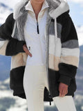 hulianfu Jacket Women Winter Warm Oversized Fleece Zipper Casual Patchwork Hooded Loose Coat Faux Fur Parka Fashion Drawstring WCO01