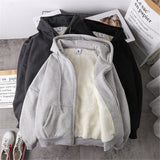hulianfu Jacket women solid color hoodies autumn winter imitation lamb wool korean loose plus velvet thick zipper sweatshirt tops