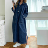 hulianfu Women's Autumn Long Sleeve Denim Shirt Dress Za Button Pocket Jeans Maxi Vestidos Casual Loose Femme Streetwear Cowboy Midi Robe