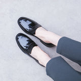 hulianfu ladies Leather shoes British style plus size 22-26.5cm women pumps loafers lazy shoes womens platform heels black shoes