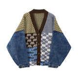 Vintage Knitted Cardigan Sweater Women Patchwork Denim Coat V Neck Long Sleeve Knitwear Casual Loose Outwear Female Tops