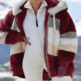 hulianfu Jacket Women Winter Warm Oversized Fleece Zipper Casual Patchwork Hooded Loose Coat Faux Fur Parka Fashion Drawstring WCO01