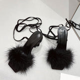 hulianfu Summer Green Shoes Sandals Fashion Furry Cross-Tied Women Pumps  Sexy Lace-up Party Dress Ladies 11CM Strange High Heels