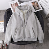 hulianfu Jacket women solid color hoodies autumn winter imitation lamb wool korean loose plus velvet thick zipper sweatshirt tops