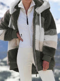 hulianfu Jacket Women Winter Warm Oversized Fleece Zipper Casual Patchwork Hooded Loose Coat Faux Fur Parka Fashion Drawstring WCO01