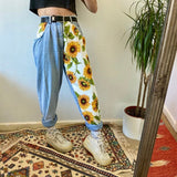 New Trend Sunflowers Printed Light Blue Jeans fit women young Girls soft denim long pant patchwork Harem hight waist jeans