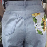 New Trend Sunflowers Printed Light Blue Jeans fit women young Girls soft denim long pant patchwork Harem hight waist jeans