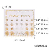 12 Pairs/set Classic Crystal Stud Earring Sets Women's Round Ball Metal Pearl Flower Earrings For Women Girl Gift Mixed Jewelry