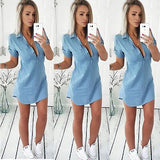 hulianfu summer women denim dresses short sleeves Slim V-neck Sexy Casual Office Jeans Dress Vestidos Robe Party  Dresses
