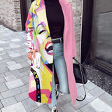 Fall Winter Elegant Women Fashion Lapel Collar Button Long Tops Outwear Casual Pattern Colorful Print Patchwork Cardigan Coats