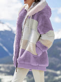 hulianfu Jacket Women Winter Warm Oversized Fleece Zipper Casual Patchwork Hooded Loose Coat Faux Fur Parka Fashion Drawstring WCO01