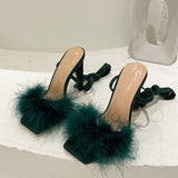 hulianfu Summer Green Shoes Sandals Fashion Furry Cross-Tied Women Pumps  Sexy Lace-up Party Dress Ladies 11CM Strange High Heels