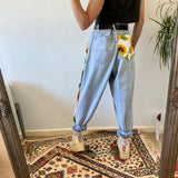 New Trend Sunflowers Printed Light Blue Jeans fit women young Girls soft denim long pant patchwork Harem hight waist jeans