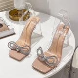 hulianfu Summer Party Women Sandals Elegant Rhinestone Bowknot Design Strange Perspext High Heels Square Toe PVC Transparent Clear Shoes