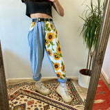 New Trend Sunflowers Printed Light Blue Jeans fit women young Girls soft denim long pant patchwork Harem hight waist jeans