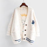 AZYT Women Autumn Winter Knitted Cardigan Cartoon Embroidery Oversize Sweater Coat Harajuku Loose Elegant V Neck Women Cardigans