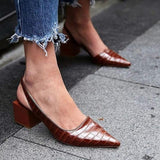 hulianfu Women's Mid Heeled Shoes Retro Crocodile Pattern Pumps for Women Pointed Toe Office Ladies Sandals Summer Female Shoes