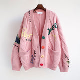 Autumn Winter Women Cardigan Warm Knitted Sweater Jacket Pocket Embroidery Fashion Knit Cardigans Coat Lady Loose Sweaters