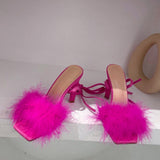 hulianfu Summer Green Shoes Sandals Fashion Furry Cross-Tied Women Pumps  Sexy Lace-up Party Dress Ladies 11CM Strange High Heels