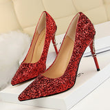 2025 9219-12  style fashion sexy nightclub women's shoes metal heel stiletto high heel light mouth pointed sequin single shoes