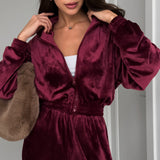 2025 Cross-border waist zipper velvet suit women's two-piece set autumn and winter fashion long-sleeved velvet suit women's high-end sense