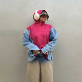2025 sweet and spicy style denim splicing contrasting color hooded sweater autumn and winter loose retro semi-zipper long-sleeved pullover sweater