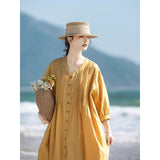 Summer travel literary fan cotton and linen dress, loose V-neck seven-quarter-sleeved organ pleated long cardigan knee-length dress