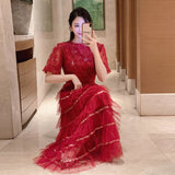 Heavy industry sequined bubble sleeve dress women's  summer new high-end waist hollow mesh cake dress