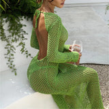 HULIANFU New spring and summer  2025 new sexy hollow perspective vacation solid color backless knitted long dress women