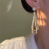 High-end long diamond fringed earrings 925 silver needle pearl earrings fashionable atmosphere design temperament earrings