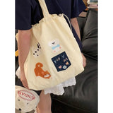 HULIANFU 2025 new embroidered canvas shoulder bag large capacity cartoon bundle tote bag student versatile commuter tote bag