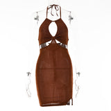 2025 Ins Internet celebrity babes sexy hollow design neck skirt  summer new solid color dew back dress